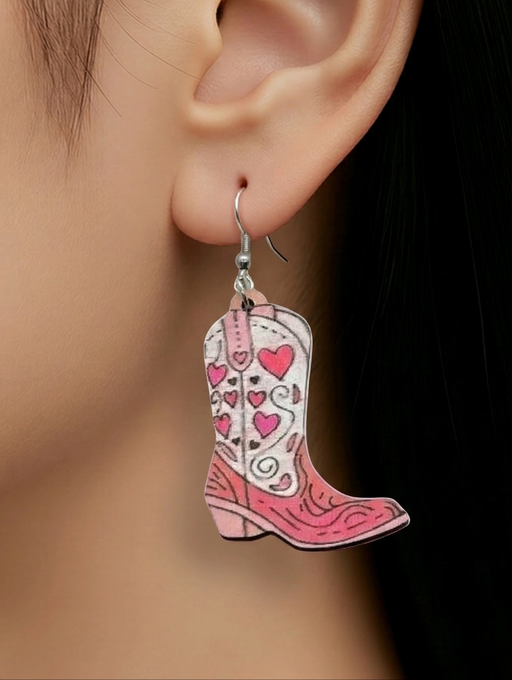 Pink Cowboy Boot Earrings Wooden Heart Cowgirl Dangle Cute Western Coquette Chic